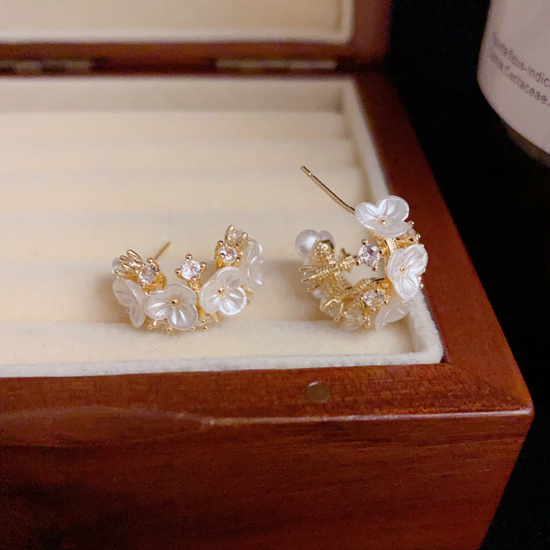 14K Gold-Plated Zircon Floral C-Shaped Hoop Earrings – Sweet Design