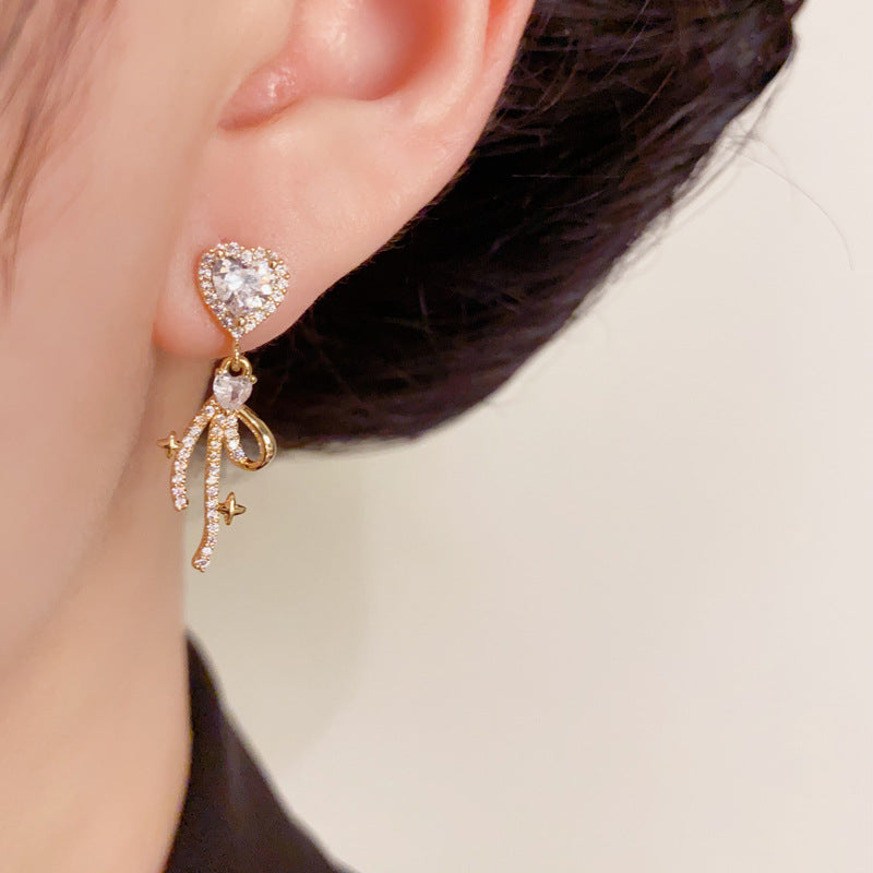 Luxury Full-Zircon Heart & Bow Drop Gold Earrings – Elegant Design