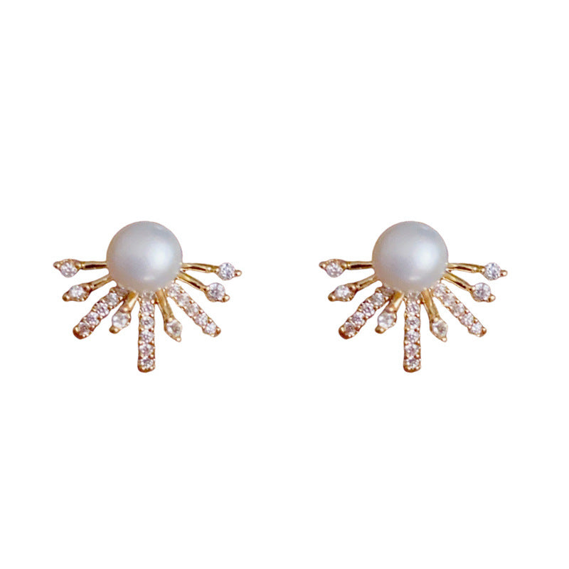 Elegant Zircon Sunflower & Pearl Stud Earrings – Geometric Design