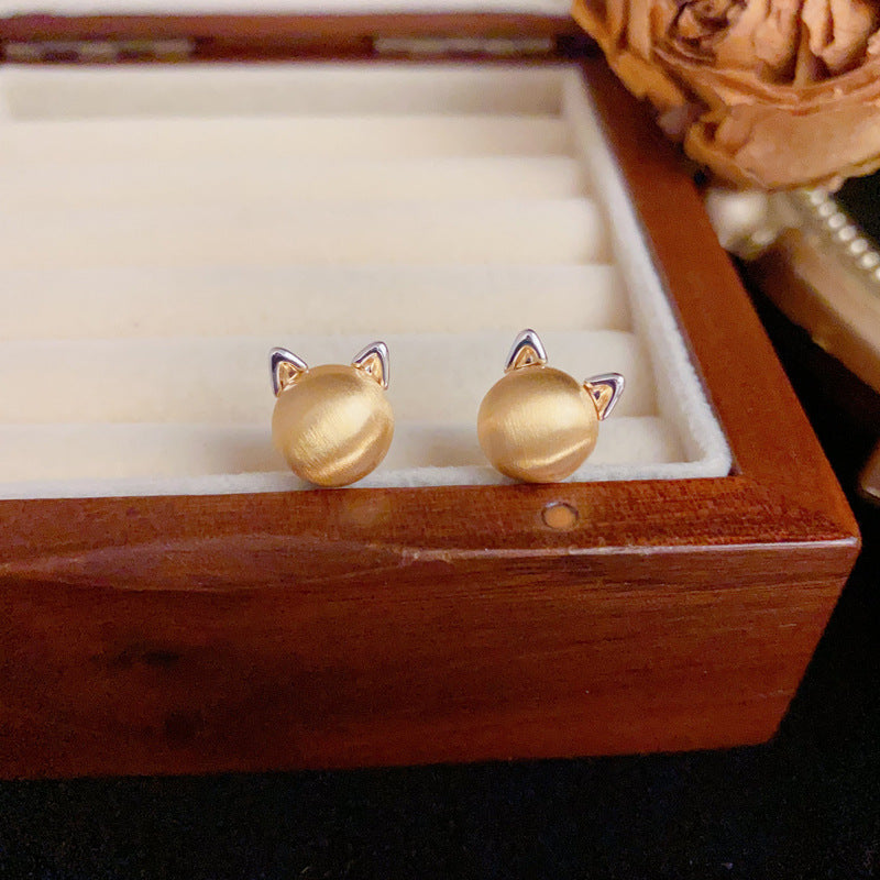Luxury Brushed Gold-Silver Cat Stud Earrings – Elegant Design