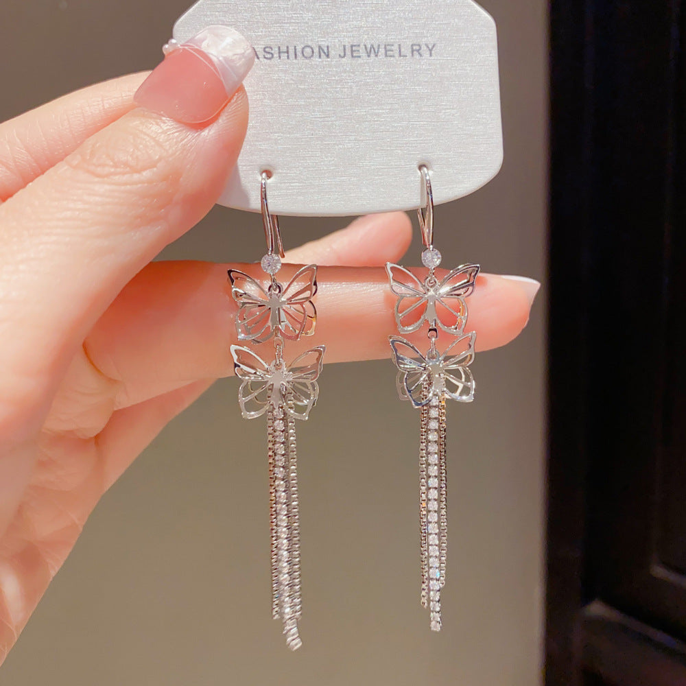 Eaioncol Cutout Butterfly CZ Tassel Drop Earrings Gold Silver
