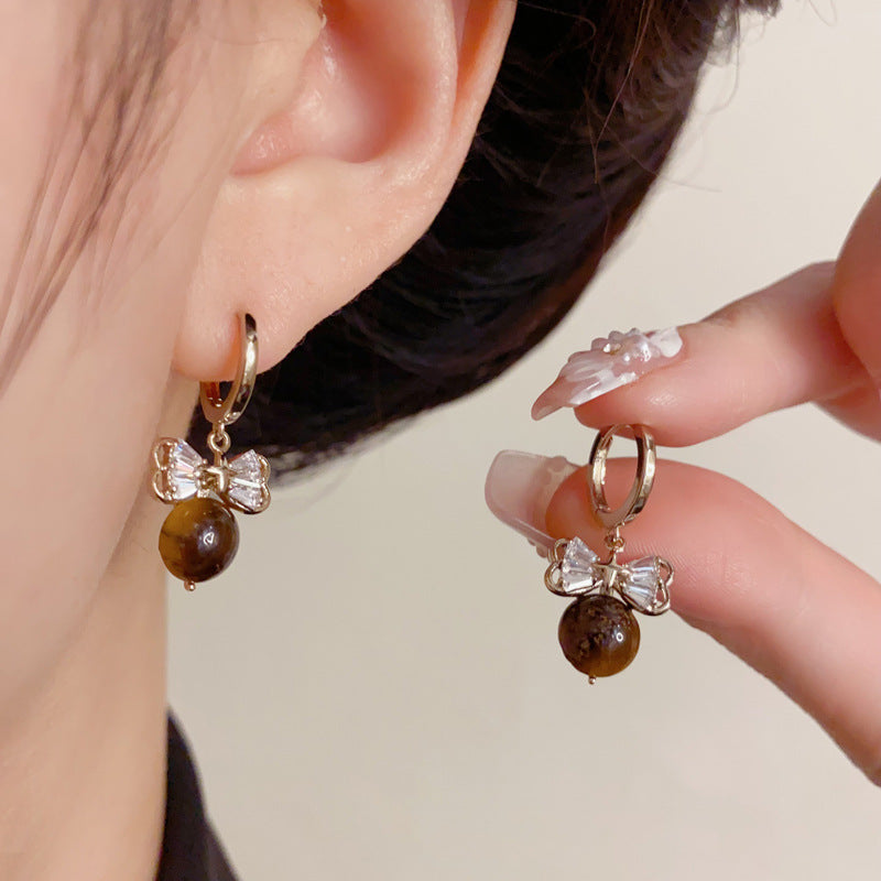 Elegant Zircon Bow Tiger’s Eye Drop Earrings – Retro Design