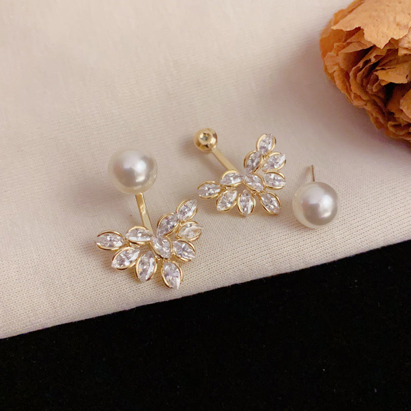 Luxury Zircon Leaf & Pearl Two-Way Earrings – Elegant Floral Design