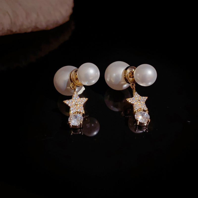 Luxury Zircon Star & Pearl Front-Back Drop Earrings – Elegant Design