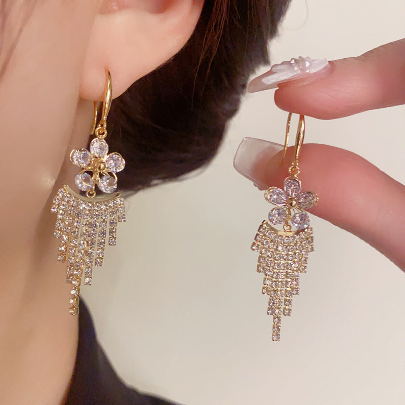 14K Gold-Plated Diamond Flower Tassel Earrings - Elegant Floral Design