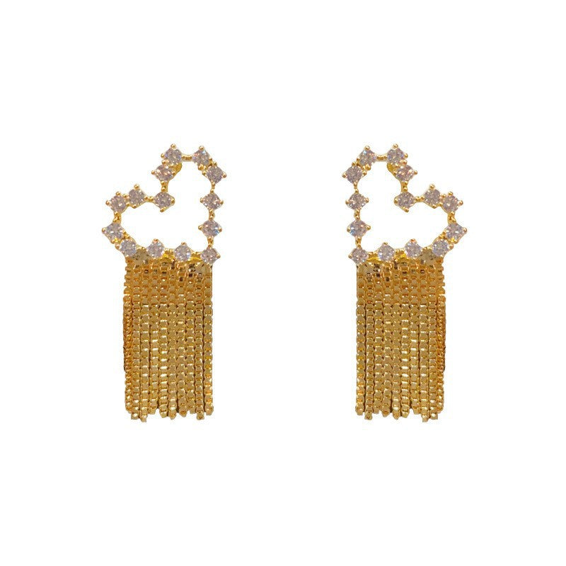 14K Gold-Plated Zircon Heart Tassel Earrings – Elegant Sparkle Design