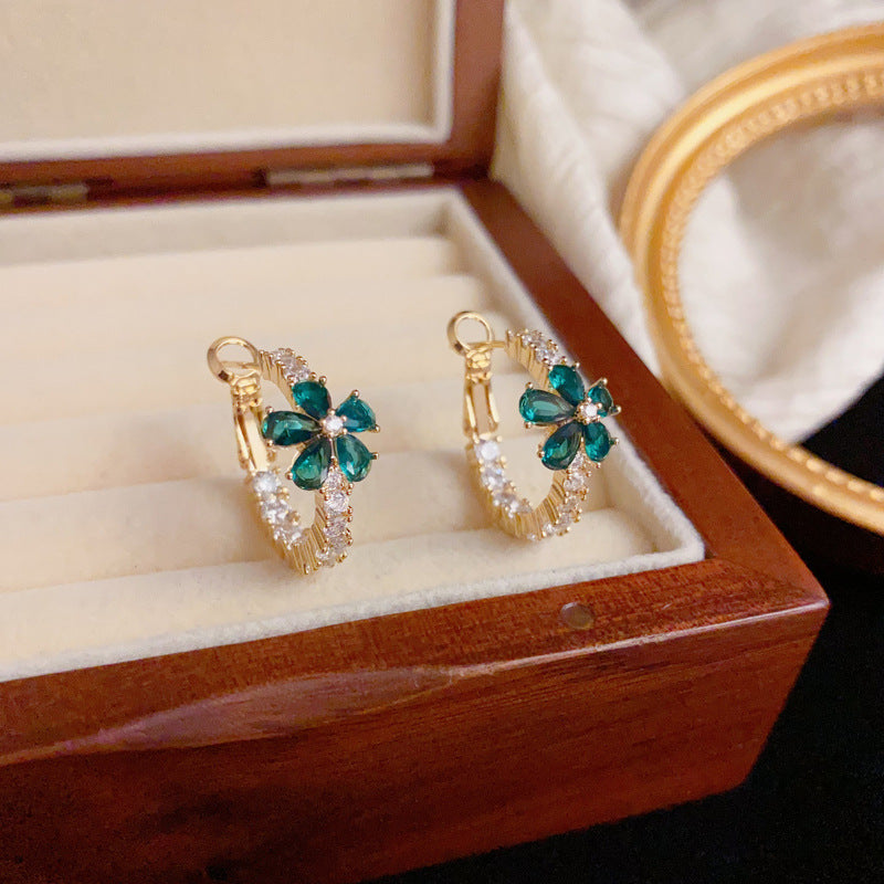 Luxury Full-Zircon Green Petal Hoop Gold Earrings – Floral Design