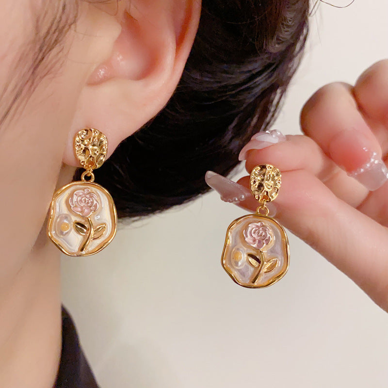 14K Gold Irregular Geometric Rose Drop Earrings– Elegant Vintage Style