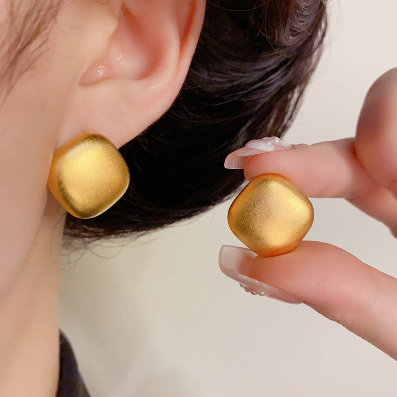 14K Gold Sandblasted Rhombus Stud Earrings – Modern Minimalist Design