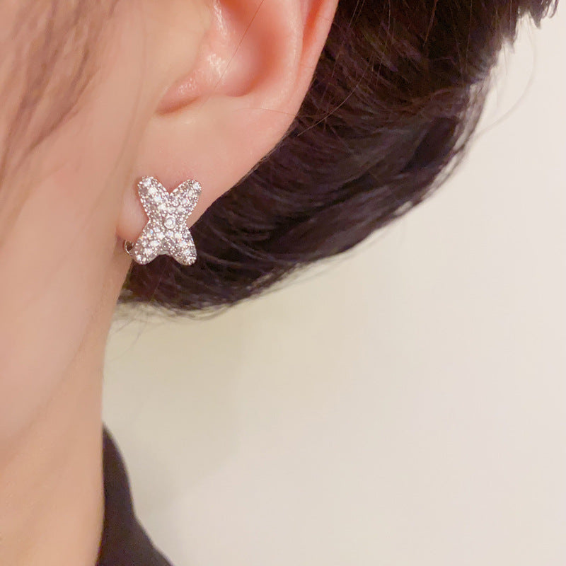 14K Gold Zircon & Mother-of-Pearl Cross Earrings – Elegant Design