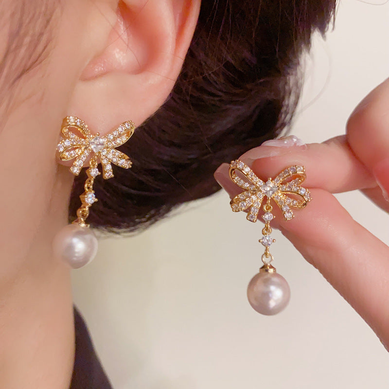 Luxury Full-Zircon Bow & Pearl Drop Earrings – S925 Silver Needle
