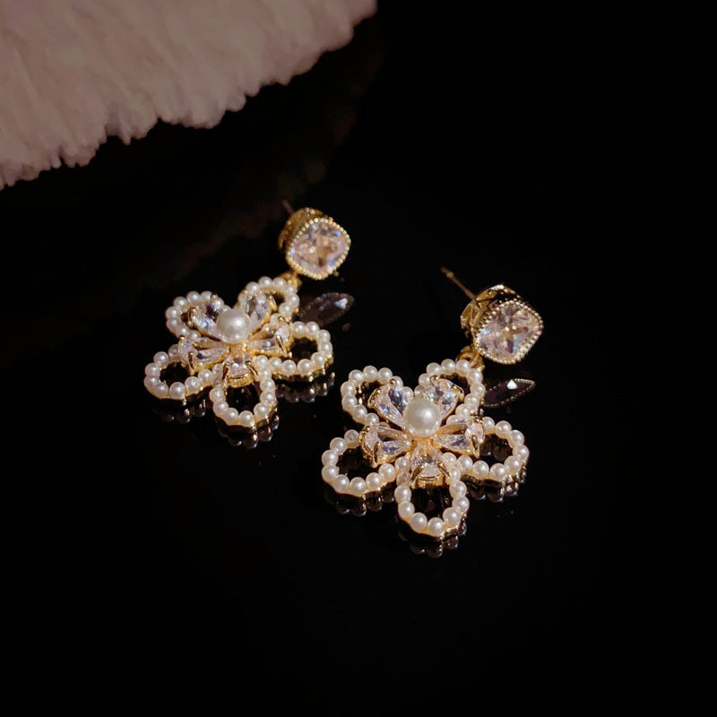 14K Gold Zircon Pearl Open Flower Drop Earrings - Chic Elegance Design