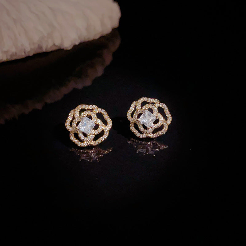 14K Gold-Plated Zircon Hollow Camellia Stud Earrings – Elegant Design