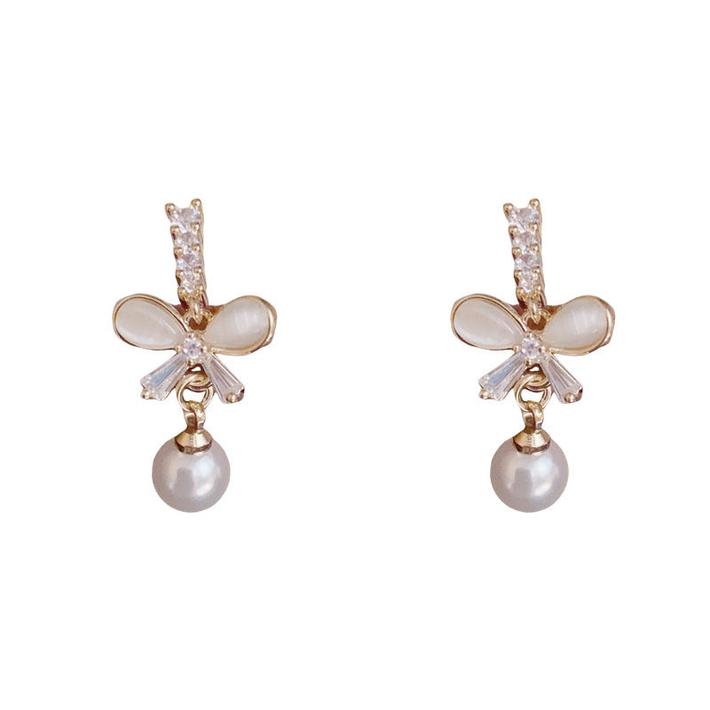Elegant Zircon Bow & Pearl Drop Gold Earrings – S925 Silver Needle