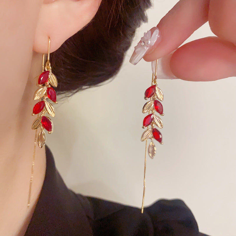 14K Gold-Plated Zircon Red Wheat Ear Thread - Elegant Tassel Design