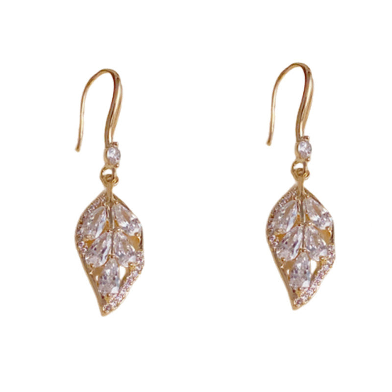 Luxury Full-Zircon Leaf Tassel Ear Hook Earrings – Elegant Design