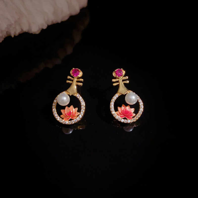 14K Gold Red Enamel Plum Blossom Pipa Stud Earrings – Oriental Design