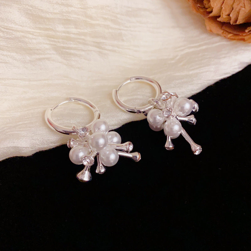 18K Gold Two-Way Irregular Zircon & Pearl Earrings –Floral Design