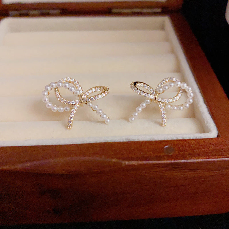 14K Gold-Plated Zircon Pearl Bow Earrings – Sweet Elegant Design