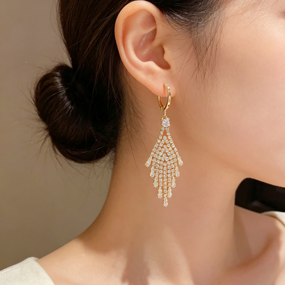 Eaioncol Full CZ Geometric Tassel Drop Earrings Gold