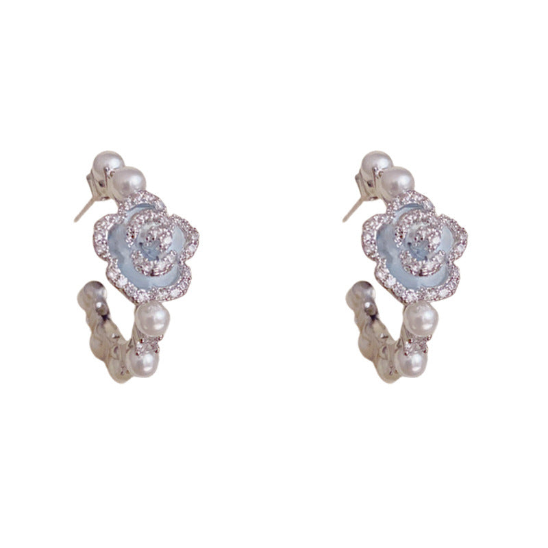 Elegant Zircon Camellia & Pearl Hoop Earrings – Floral Design