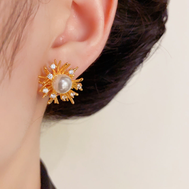 Luxury Zircon Firework & Pearl Stud Earrings – Elegant Floral Design