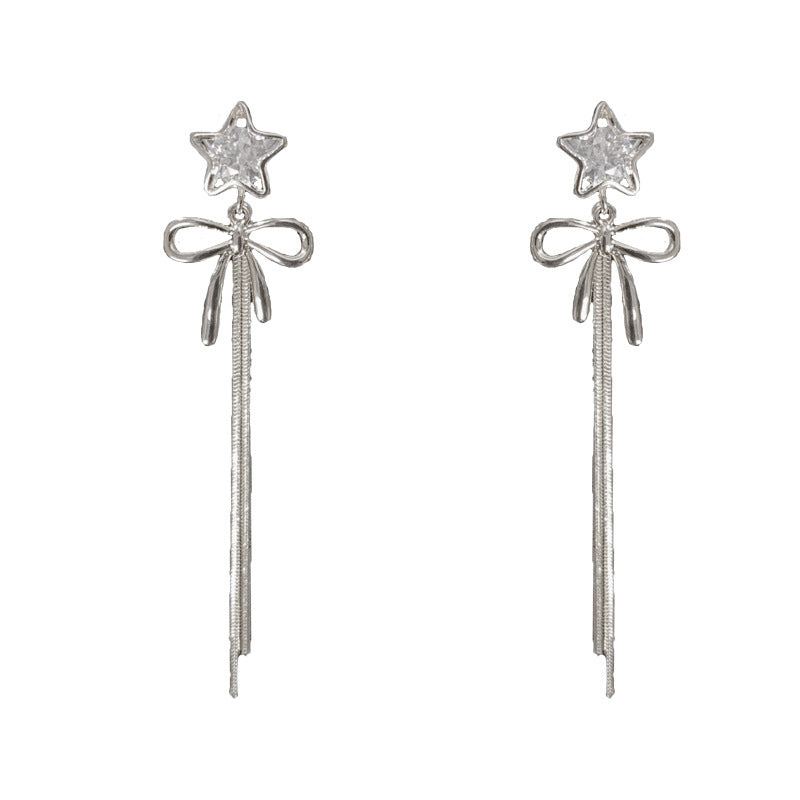 14K Gold-Plated Star Bow Long Tassel Earrings - Chic Elegance Design
