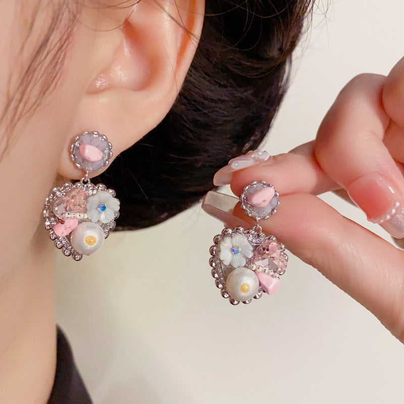Luxury Handcrafted Flower Pearl & Heart Drop Earrings – Elegant Design