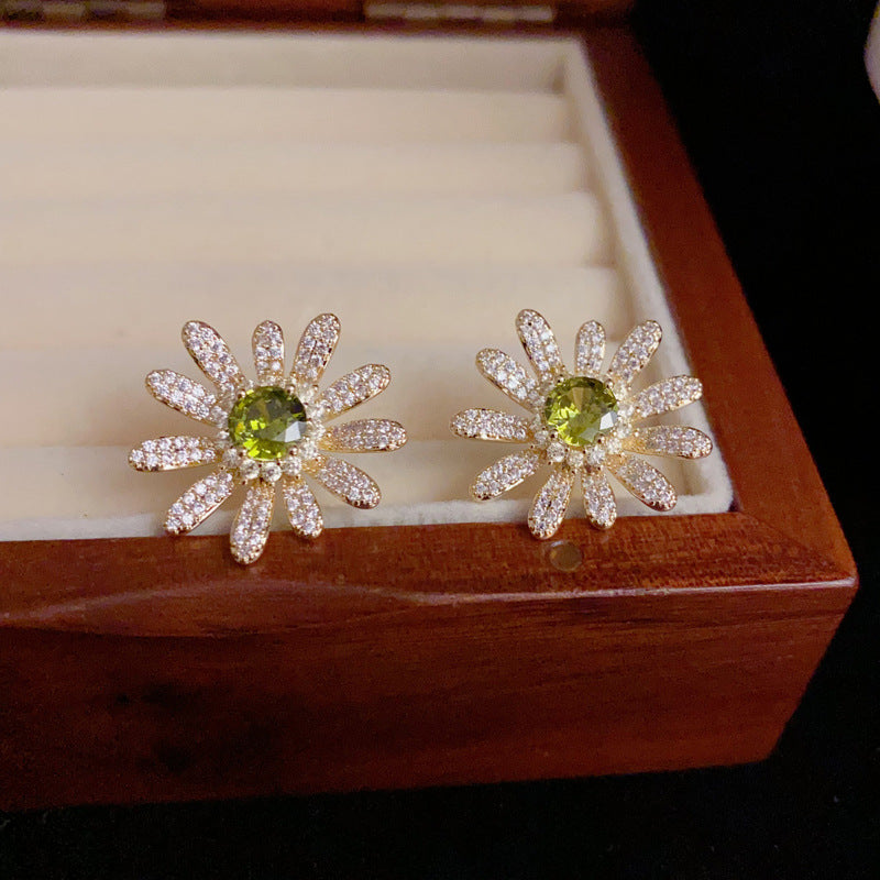 14K Gold-Plated Diamond Sunflower Stud Earrings - Elegant Design