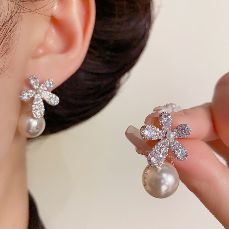 14K Gold-Plated Full Zircon Flower Pearl Earrings – Dual-Wear Design