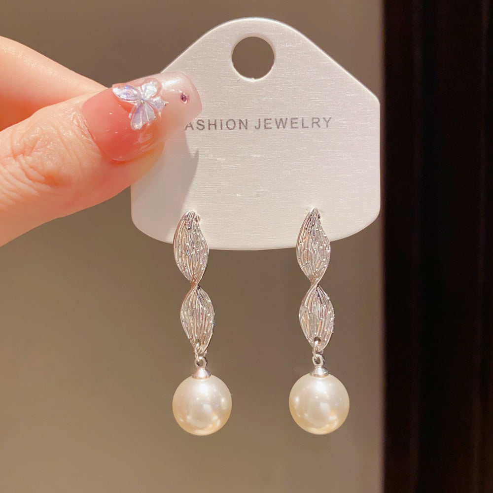 Eaioncol Metal Leaf Pearl Tassel Drop Earrings Gold Silver