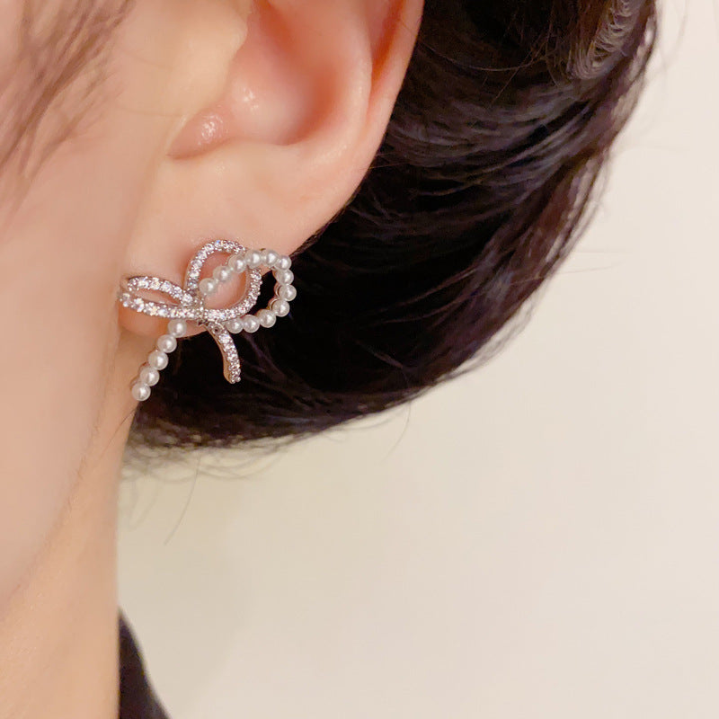 14K Gold-Plated Zircon Pearl Bow Earrings – Sweet Elegant Design