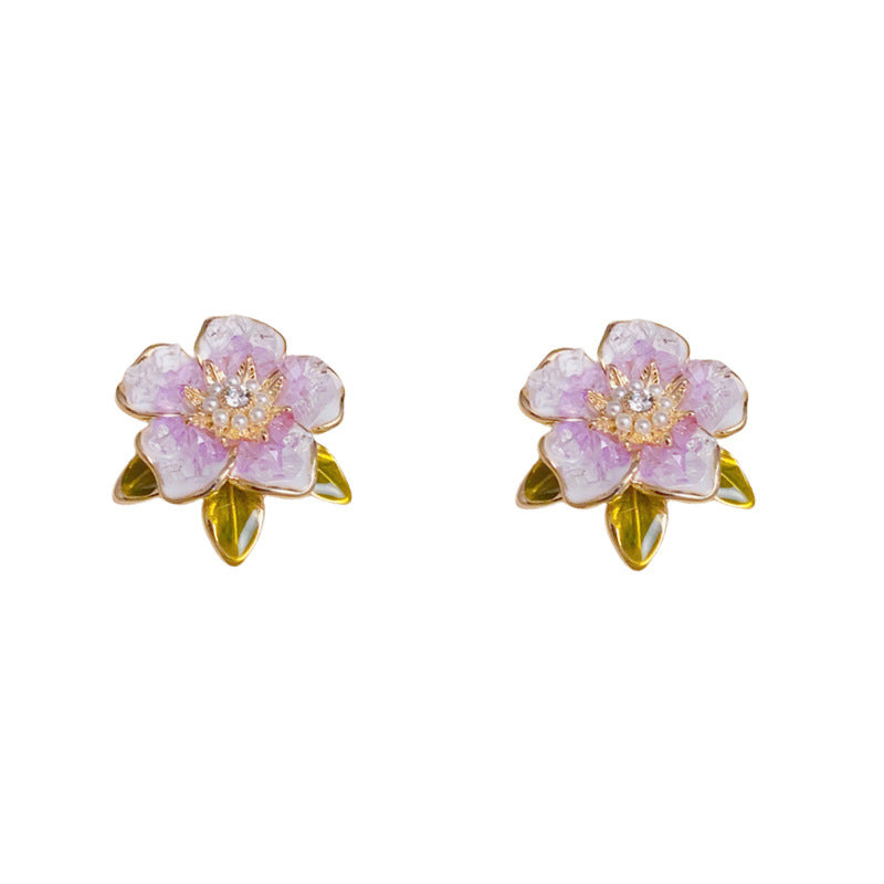 14K Gold Crystal Camellia Stud Earrings – S925 Silver Needle