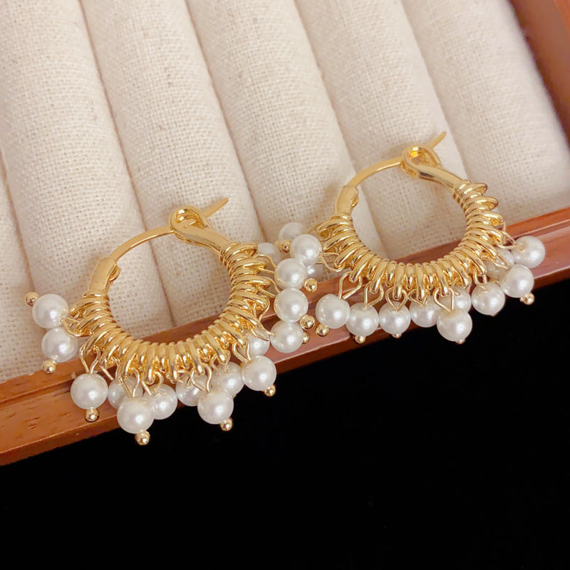 Eaioncol Round Metal Pearl Hoop Earrings Gold