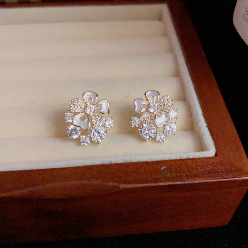 14K Gold-Plated Full Zircon Floral Stud Earrings – Elegant Design