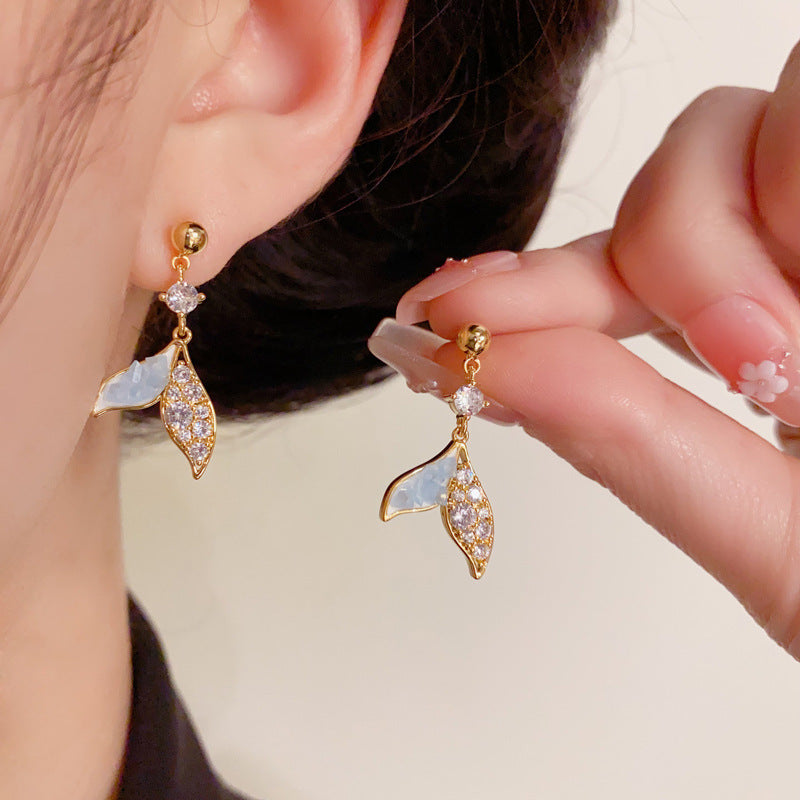 14K Gold Minimalist Blue Fishtail Zircon Drop Earrings– Elegant Design