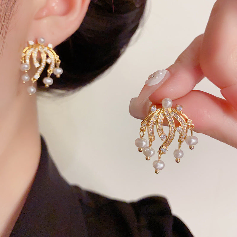 Elegant Zircon Firework & Pearl Stud Gold Earrings – Geometric Design