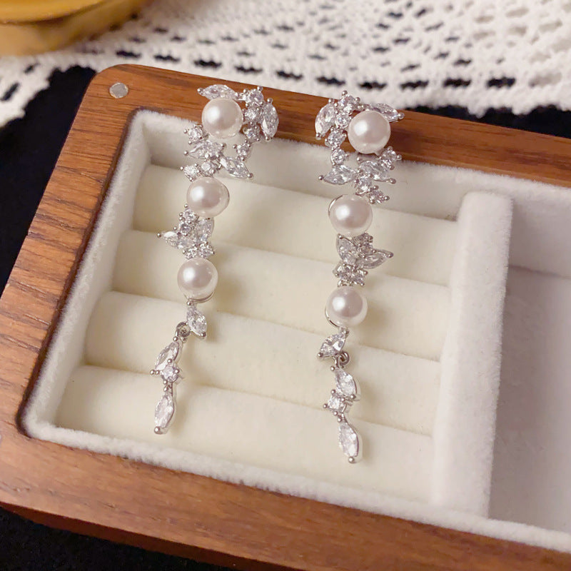 Luxury Zircon Leaf Long Pearl Tassel Drop Earrings – French Design