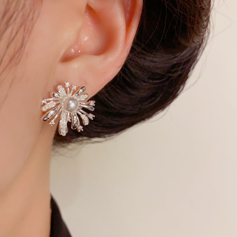 Luxury Metal Pearl & Firework Stud Earrings – Elegant Floral Design