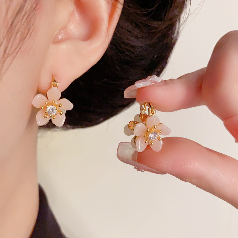 Luxury Double-Side Zircon Flower Gold Earrings – Elegant Floral Design