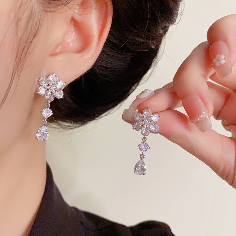 Luxury Micro-Inlaid Zircon Petal Teardrop Drop Earrings – Floral Design