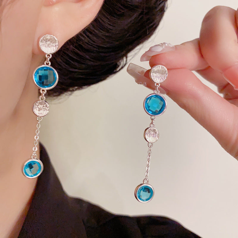 Elegant Blue Crystal Long Tassel Drop Earrings – Geometric Design