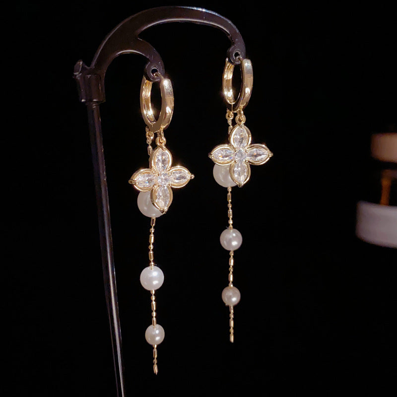 14K Gold Zircon Four-Leaf Flower Pearl Tassel Earrings – Elegant Chic