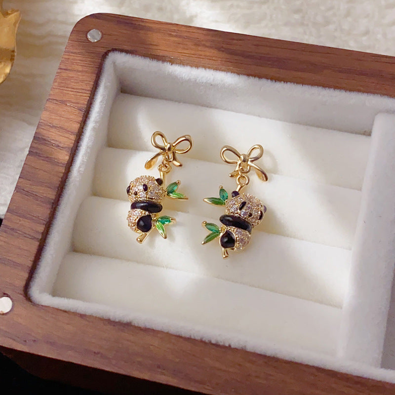 Elegant Bow Zircon Panda Drop Earrings – Animal Design