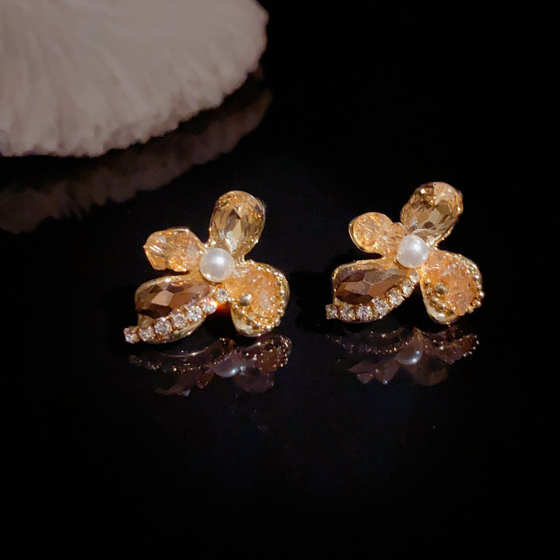 14K Gold-Plated Handmade Crystal Petal Earrings– Elegant Vintage Style