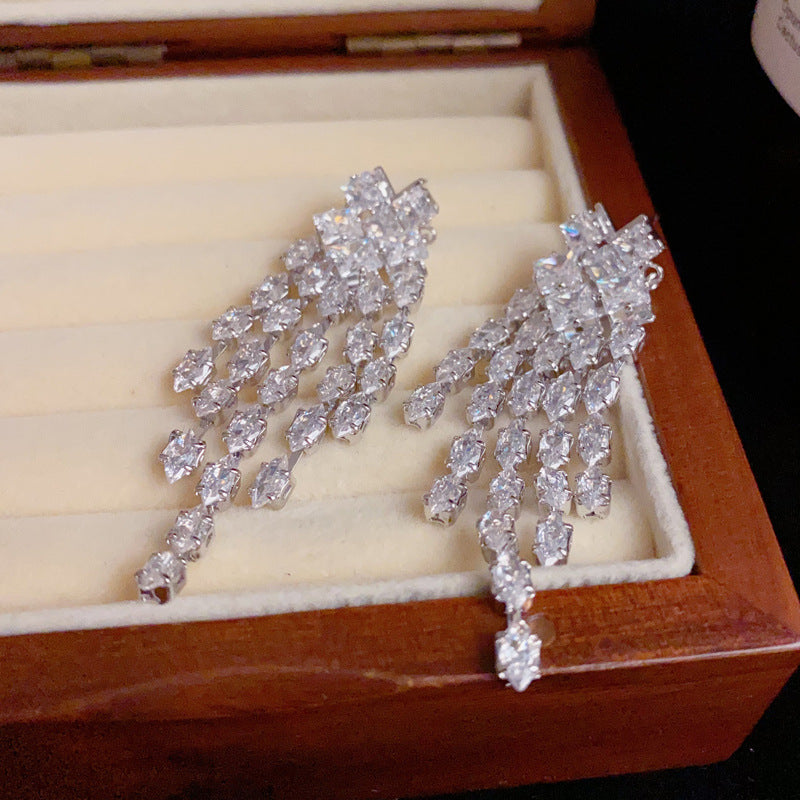 14K Gold-Plated Full Diamond Heart Tassel Earrings – Glamorous Design