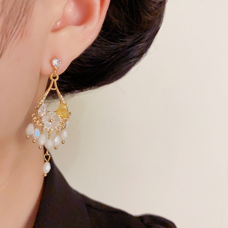 Luxury Petal Teardrop Bead Tassel Drop Earrings – Floral design