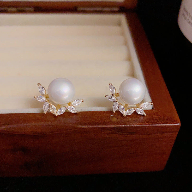 14K Gold-Plated Zircon Leaf Pearl Stud Earrings - Elegant Design