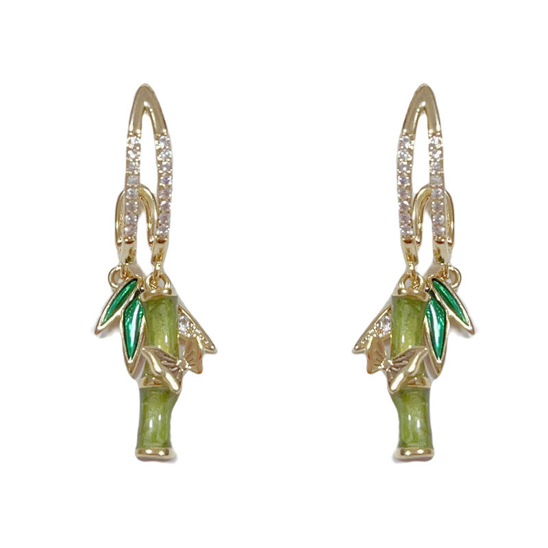 14K Gold-Plated Zircon Bamboo Drop Earrings – Elegant Oriental Design