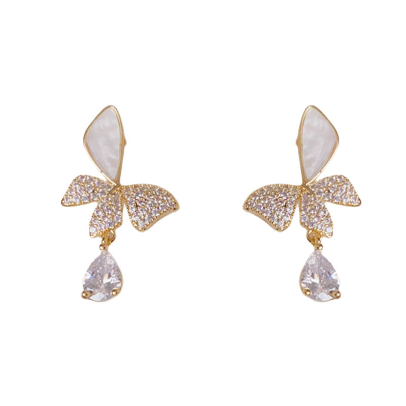 Luxury Zircon Butterfly & Droplet Drop Gold Earrings – Elegant Design